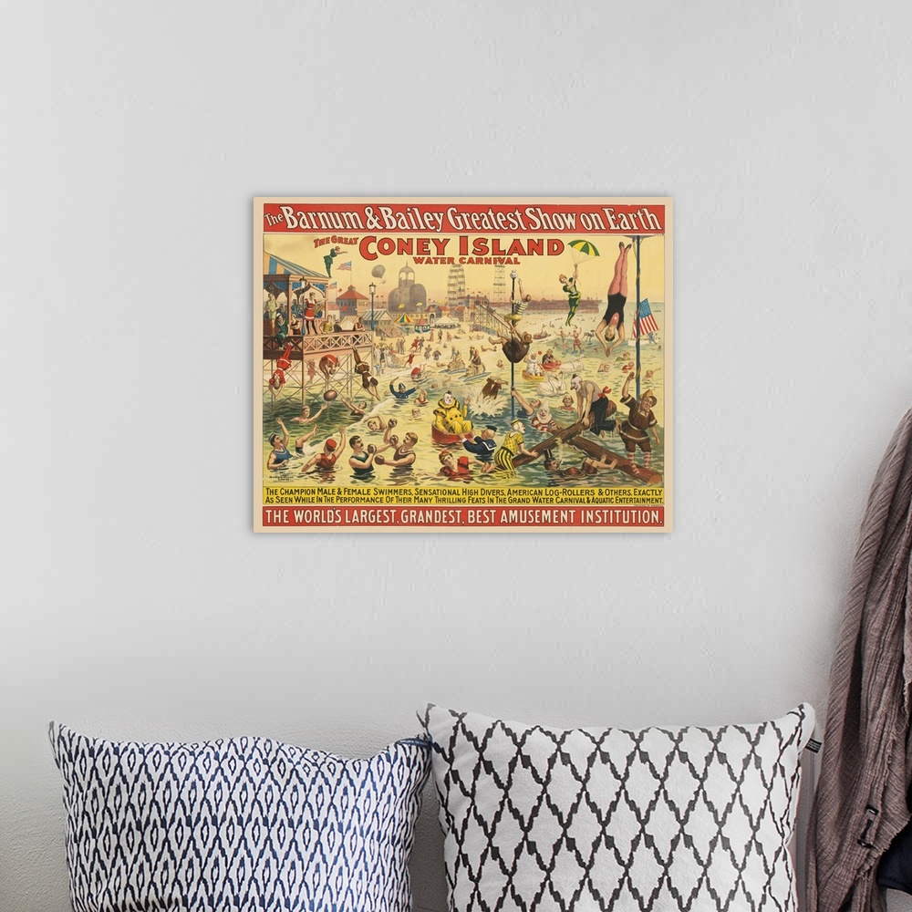 A bohemian room featuring Vintage Barnum & Bailey Circus Poster Of Costumed People Performing At The Beach, 1898