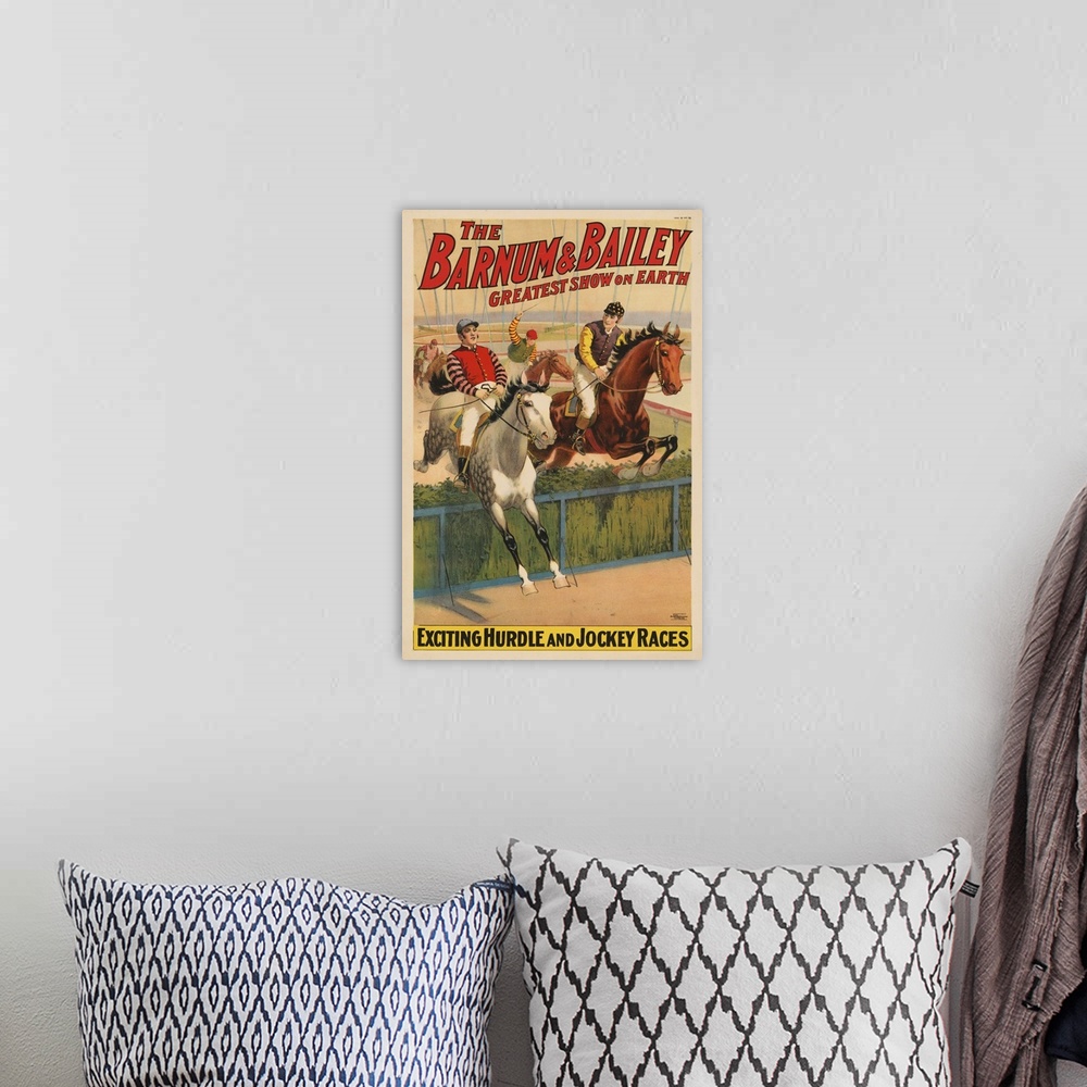 A bohemian room featuring Vintage Barnum & Bailey Circus Poster Of Jockeys On Horses Jumping A Hedge, 1900