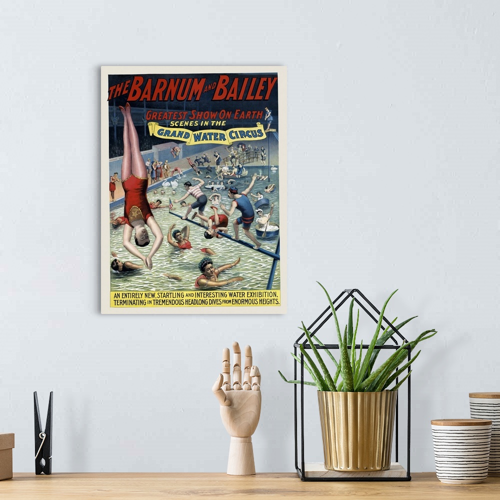 A bohemian room featuring Vintage Barnum & Bailey Circus Poster Of Performers In A Pool