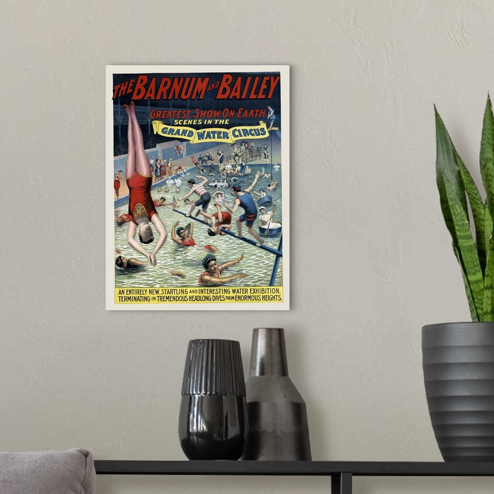 A modern room featuring Vintage Barnum & Bailey Circus Poster Of Performers In A Pool
