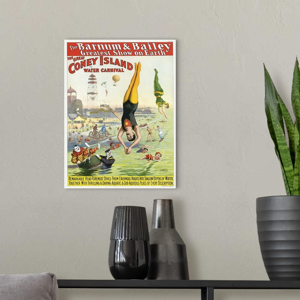 A modern room featuring Vintage Barnum & Bailey Circus Poster Of The Great Coney Island Water Carnival, 1898
