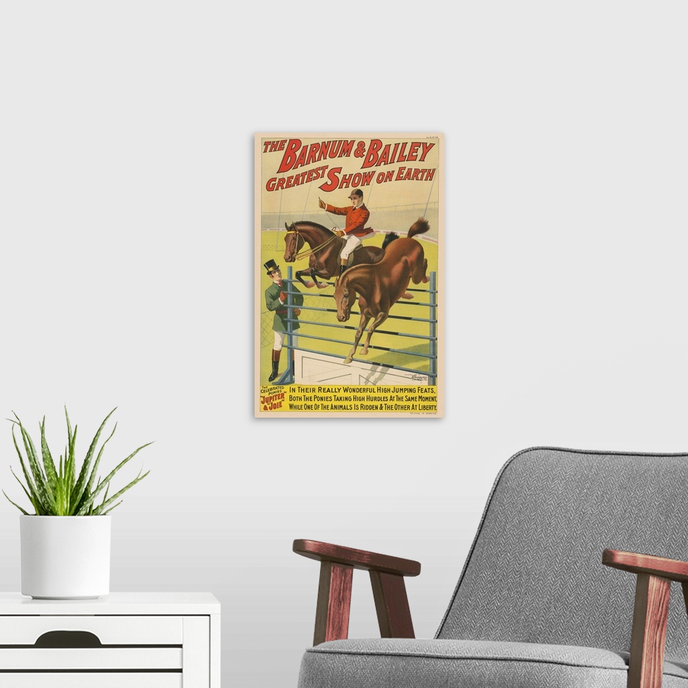A modern room featuring Vintage Barnum & Bailey Circus Poster Of Two Ponies Jumping Over An Obstacle, 1898