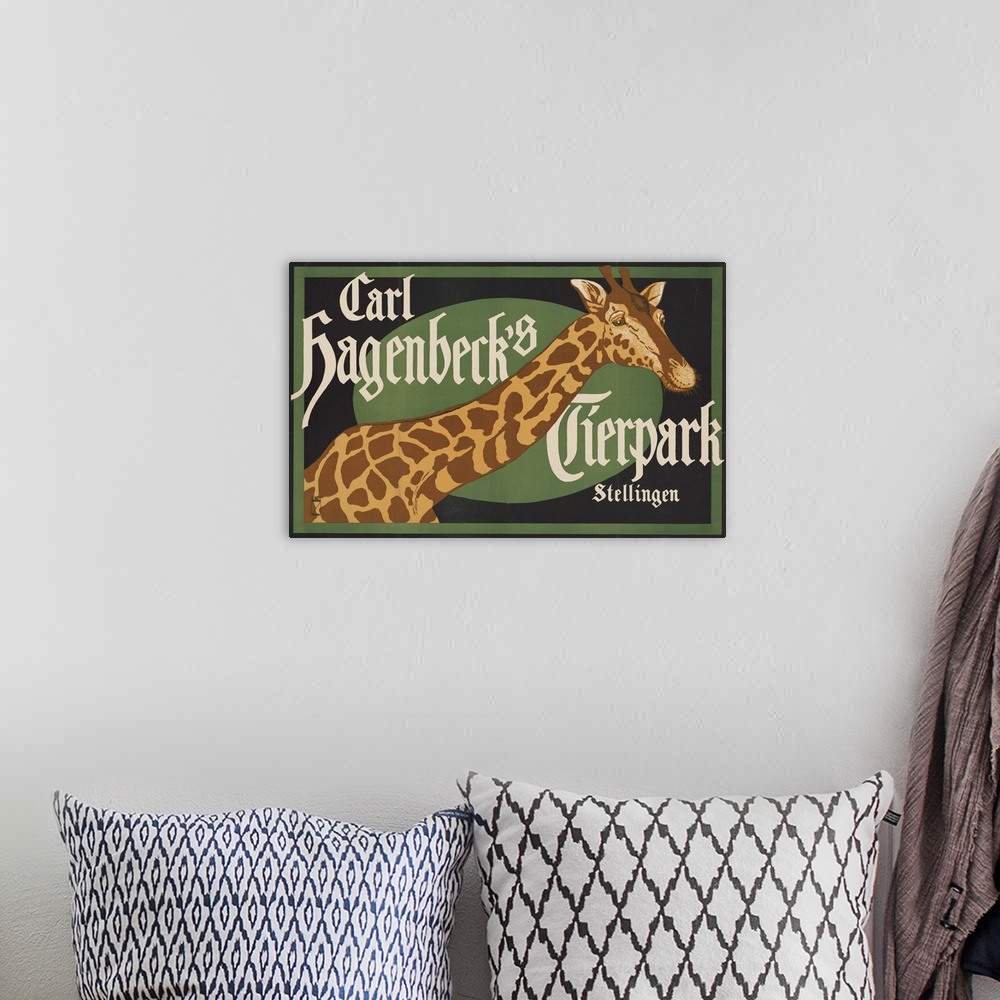 A bohemian room featuring Vintage Carl Hagenbeck's Tierpark Circus Poster Of A Giraffe, 1916