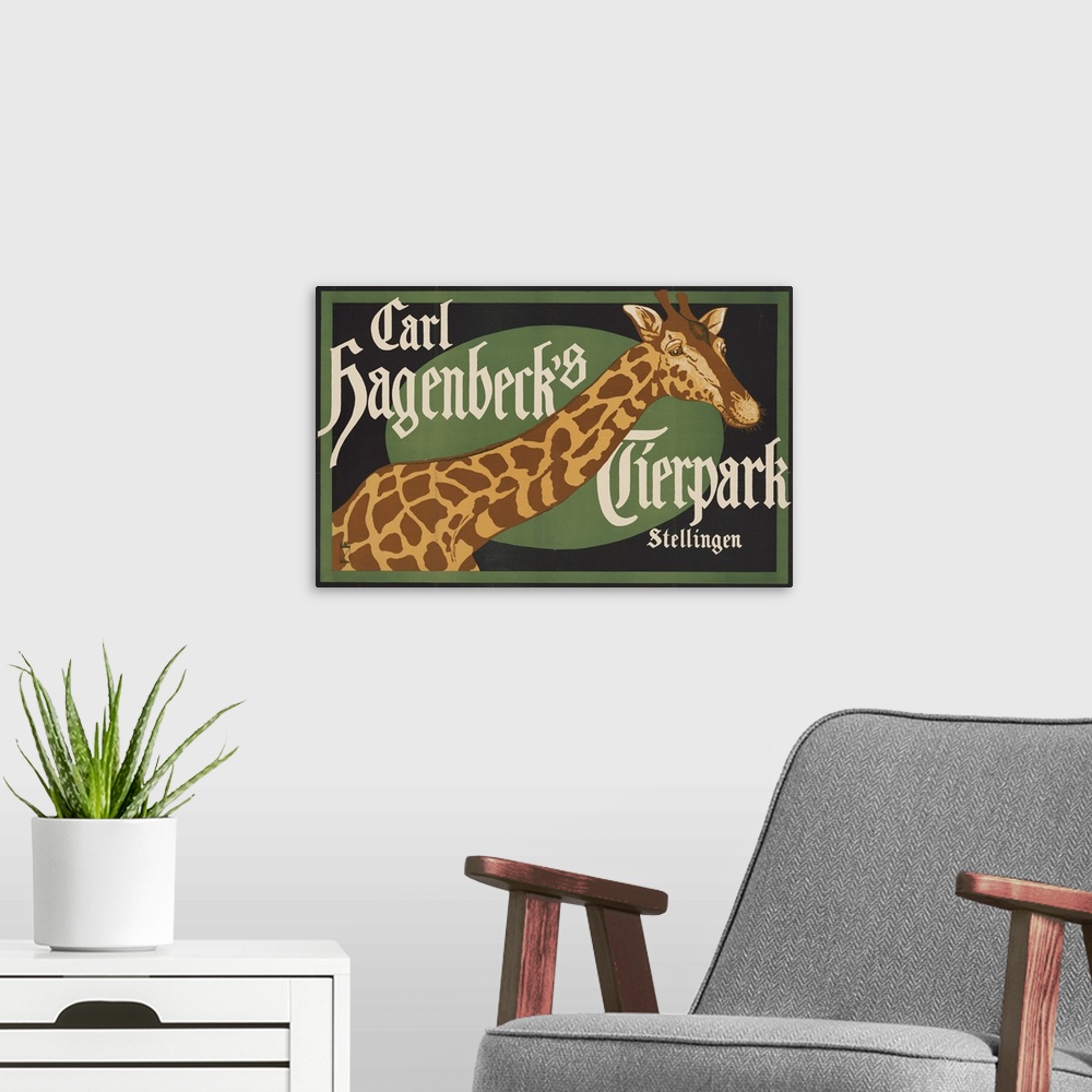 A modern room featuring Vintage Carl Hagenbeck's Tierpark Circus Poster Of A Giraffe, 1916