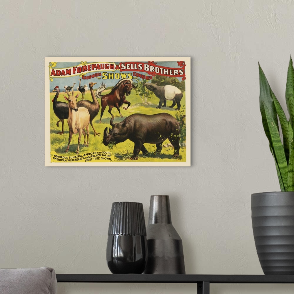 A modern room featuring Vintage Circus Poster For Adam Forepaugh & Sells Brothers Enormous Shows Combined