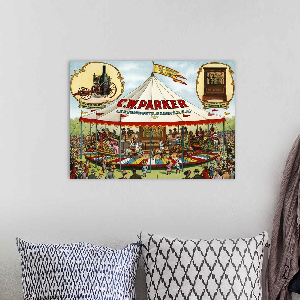 A bohemian room featuring Vintage circus poster of CW Parker Steam riding gallery Special double cylinder engine Military b...
