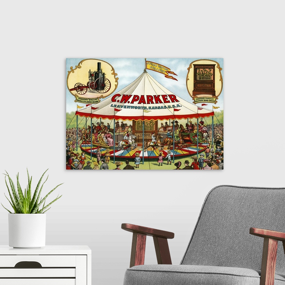 A modern room featuring Vintage circus poster of CW Parker Steam riding gallery Special double cylinder engine Military b...