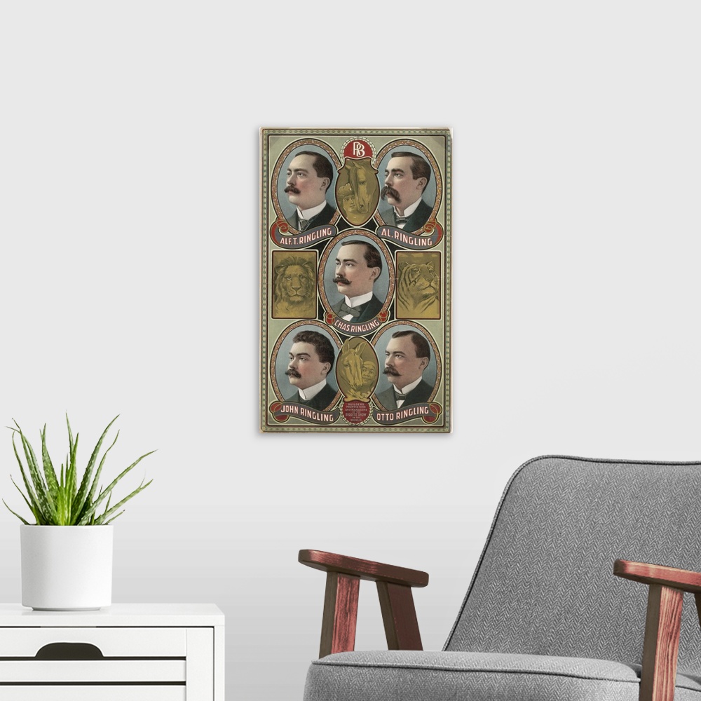 A modern room featuring Vintage Circus Poster Of Five Ringling Brother's Bust Portraits, 1903
