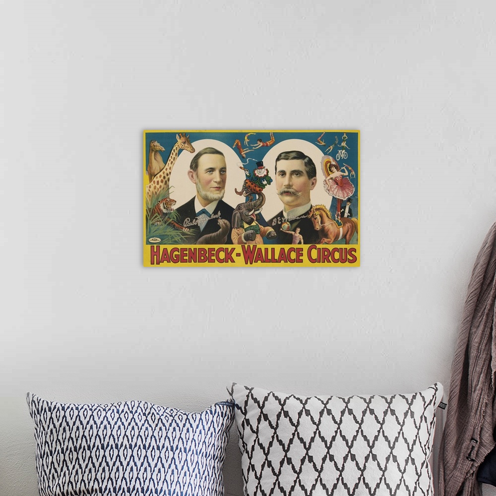 A bohemian room featuring Vintage circus poster showing portraits of Carl Hagenbeck and BE Wallace surrounded with animals ...