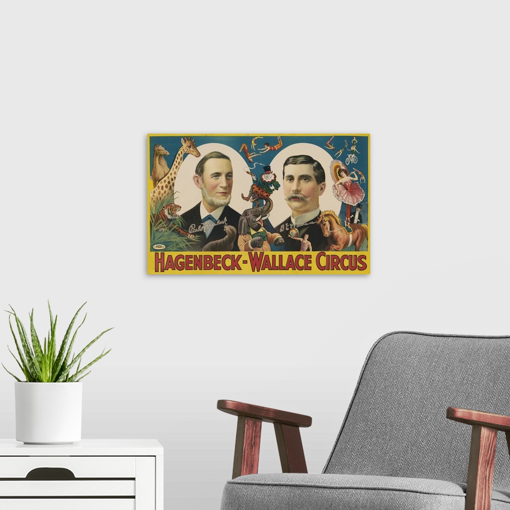 A modern room featuring Vintage circus poster showing portraits of Carl Hagenbeck and BE Wallace surrounded with animals ...