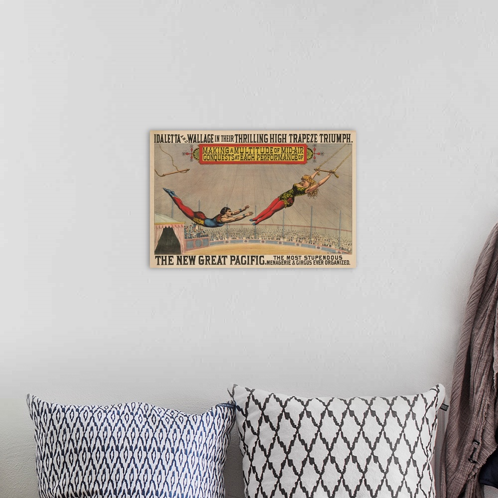 A bohemian room featuring Vintage Circus Poster Of Trapeze Performers Idaletta & Wallace On The High Trapeze