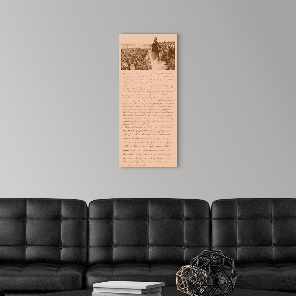 A modern room featuring Vintage Civil War era print of President Abraham Lincoln delivering the Gettysburg Address and a ...