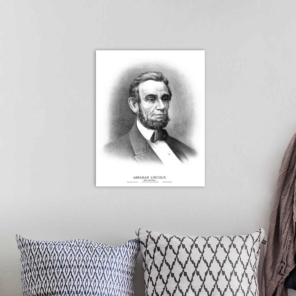 A bohemian room featuring Vintage Civil War era print of the bust of President Abraham Lincoln. It reads, Abraham Lincoln, ...