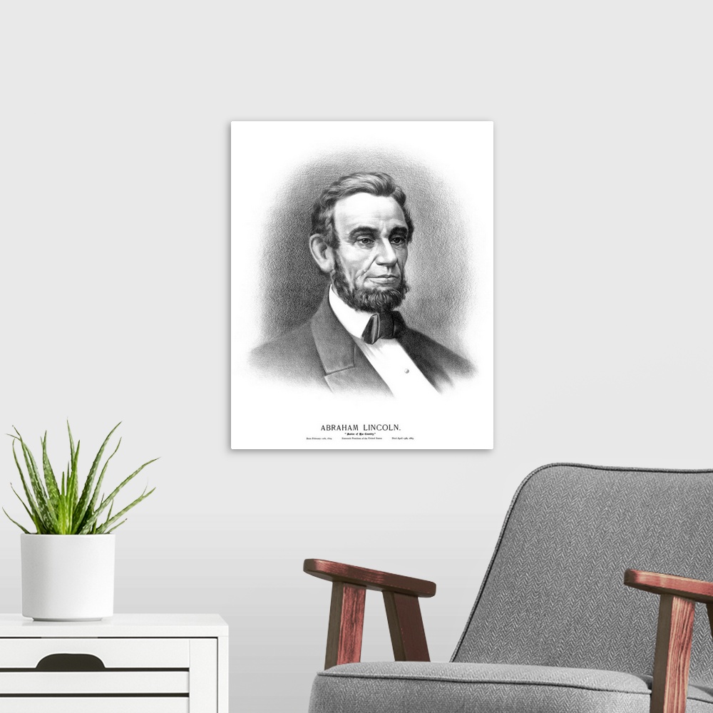 A modern room featuring Vintage Civil War era print of the bust of President Abraham Lincoln. It reads, Abraham Lincoln, ...