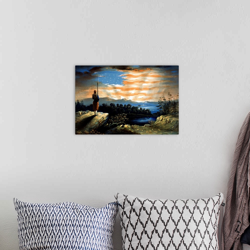 A bohemian room featuring Vintage Civil War painting of a lone Zouave sentry watching from a cliff, as the sky forms the re...