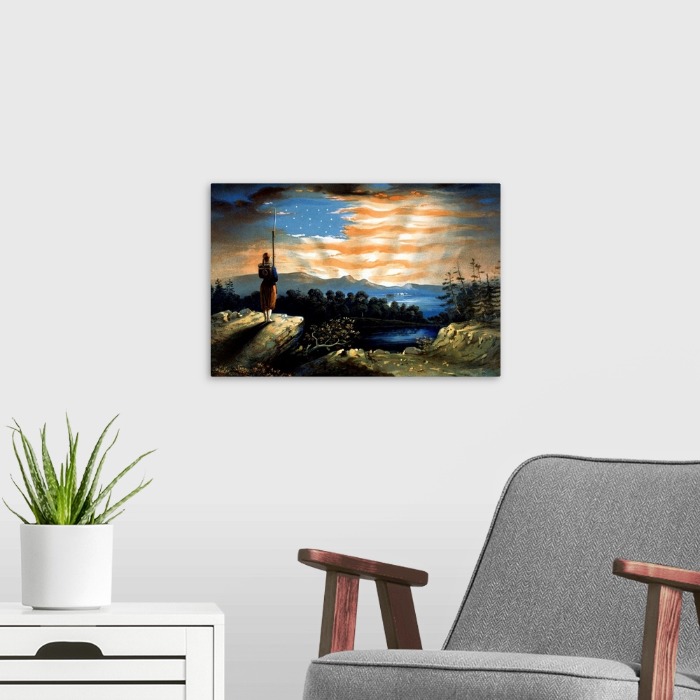 A modern room featuring Vintage Civil War painting of a lone Zouave sentry watching from a cliff, as the sky forms the re...