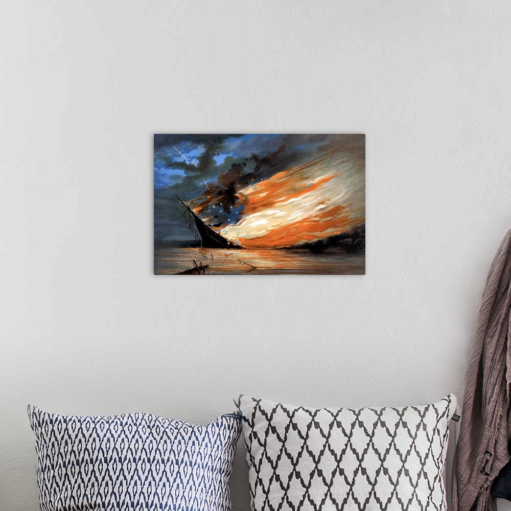 A bohemian room featuring Vintage Civil War painting of a warship burning in a calm sea. The flames of the fire form the re...