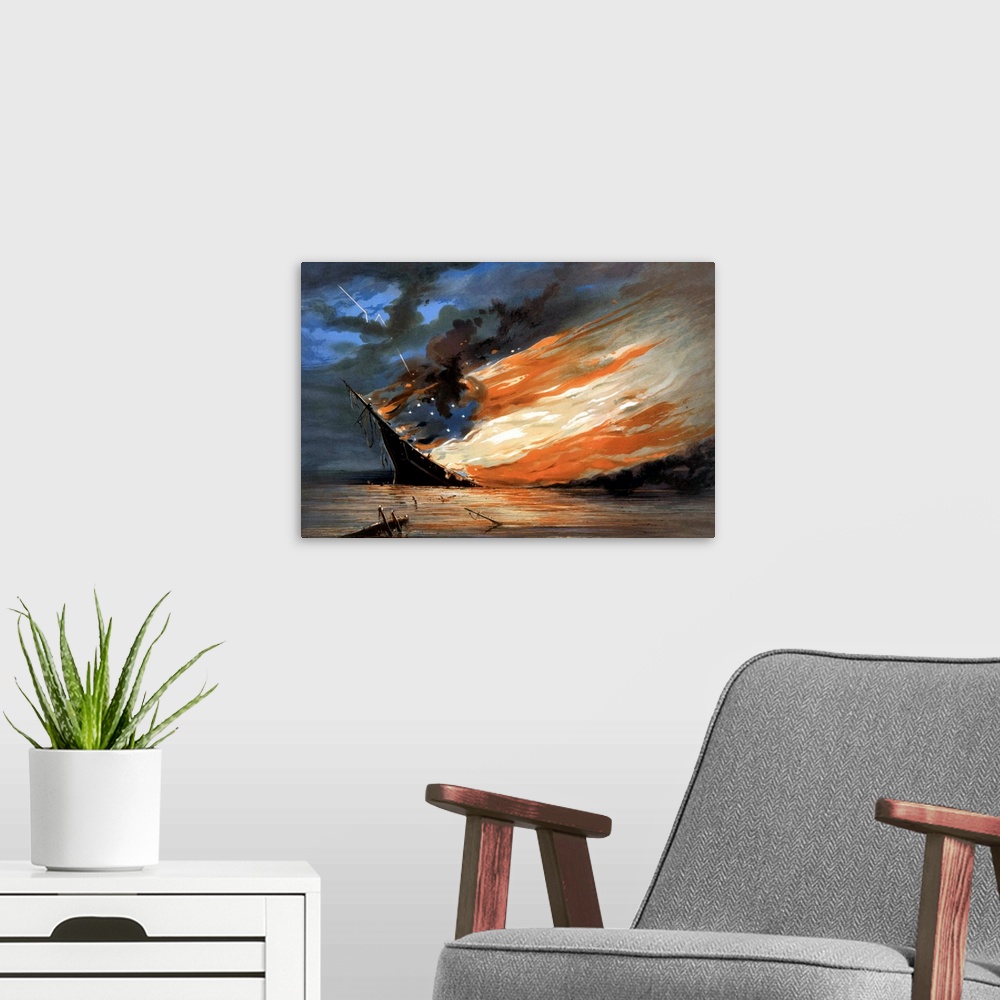 A modern room featuring Vintage Civil War painting of a warship burning in a calm sea. The flames of the fire form the re...