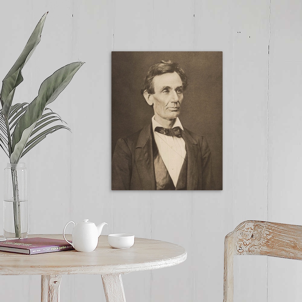 A farmhouse room featuring Vintage Civil War photo of President Abraham Lincoln.