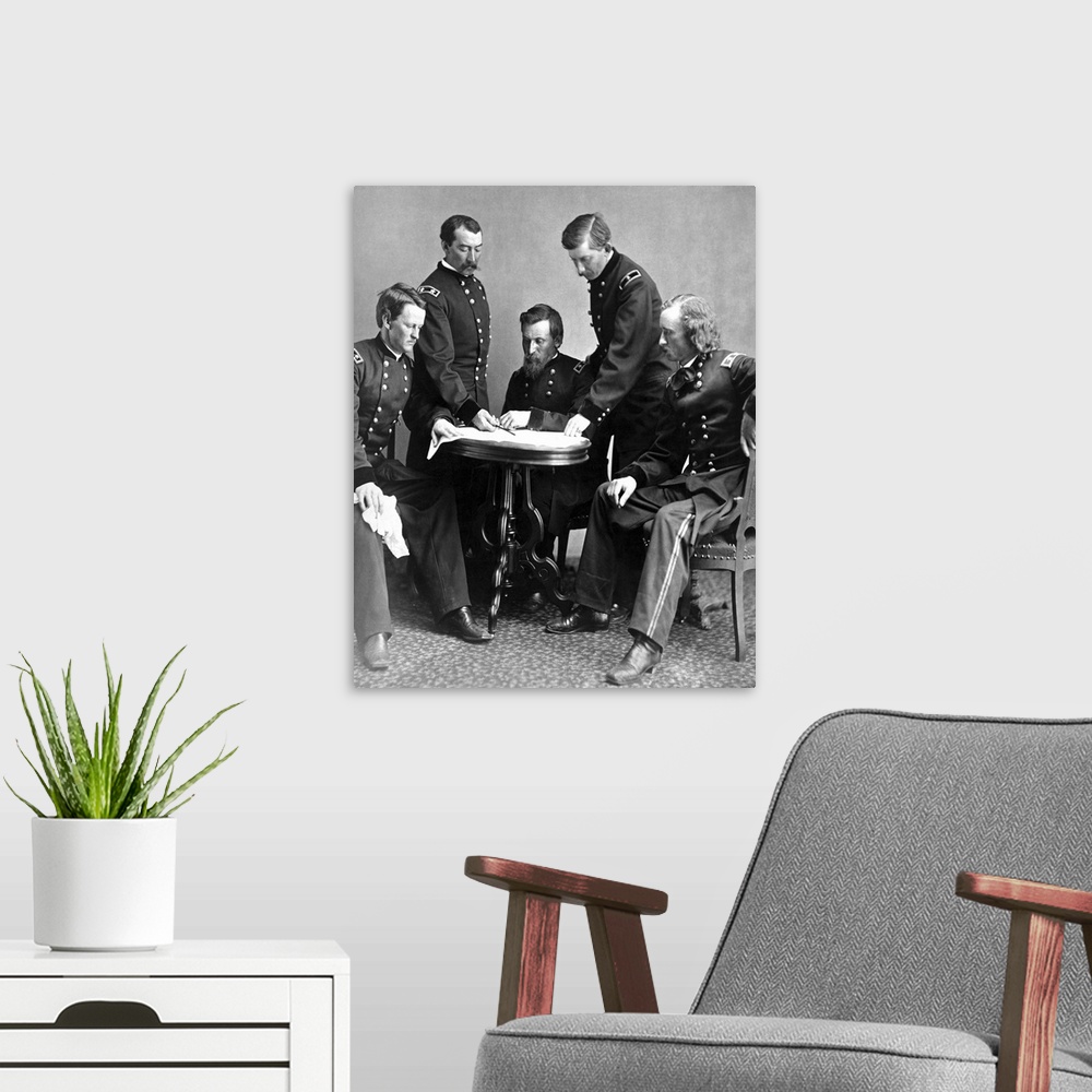 A modern room featuring Vintage Civil War photograph of General Philip Sheridan and his staff.