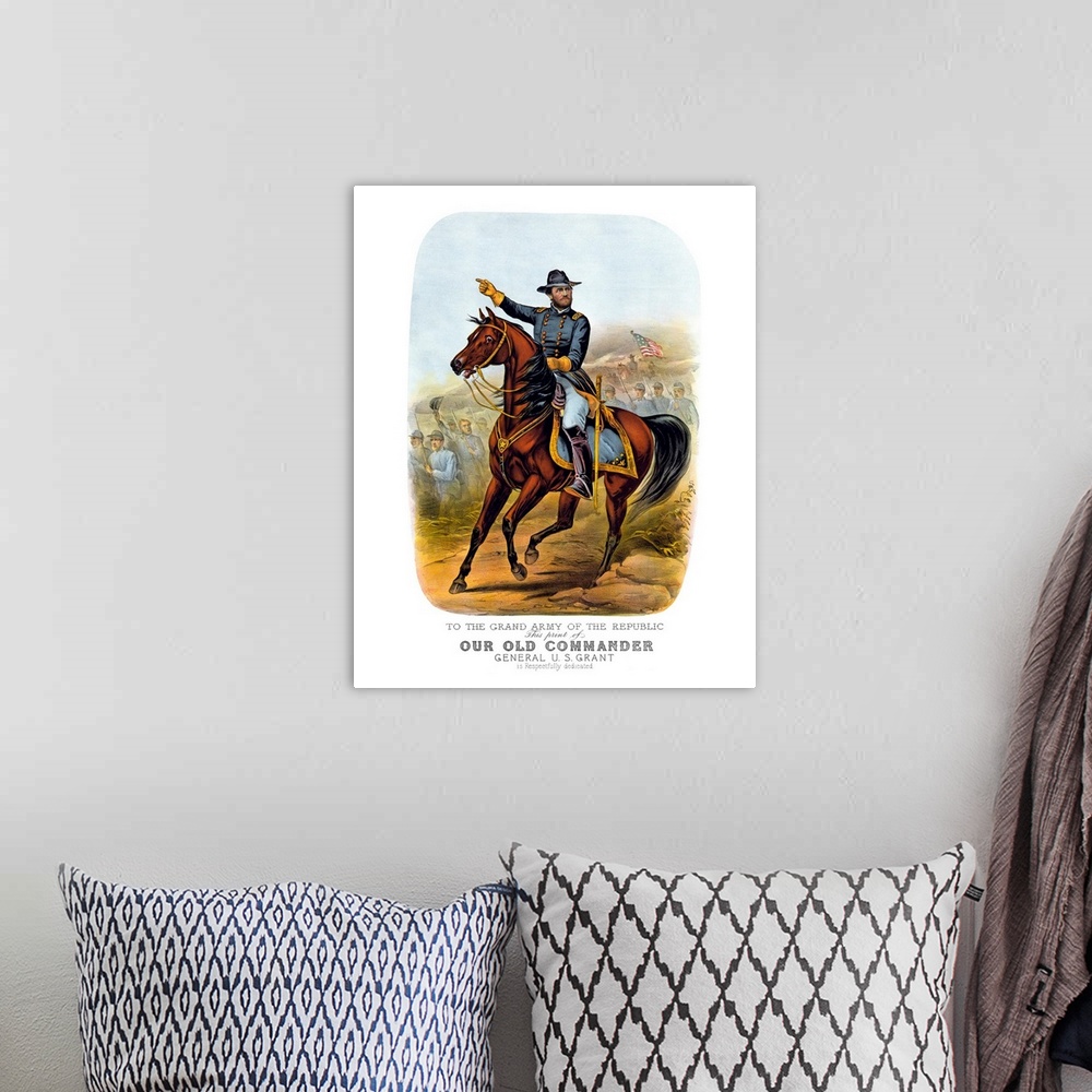 A bohemian room featuring Vintage Civil War poster of General Ulysses S. Grant, on horseback, leading Union troops into bat...