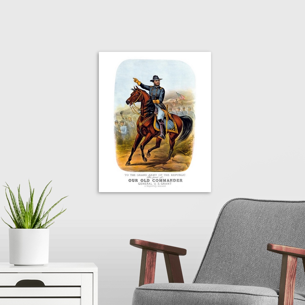 A modern room featuring Vintage Civil War poster of General Ulysses S. Grant, on horseback, leading Union troops into bat...