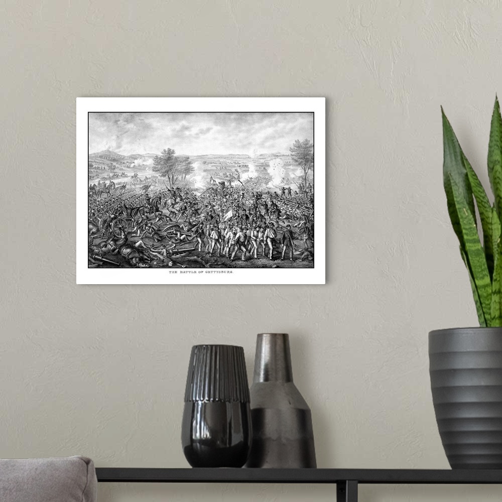 A modern room featuring Vintage Civil War print featuring the Battle of Gettysburg. The famous battle took place in early...