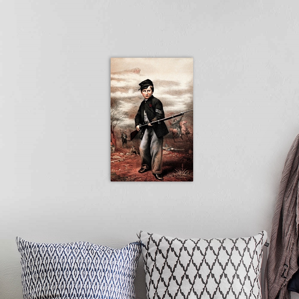 A bohemian room featuring Vintage Civil War print of a Union Drummer Boy, John Clem, holding a rifle on the battlefield. Jo...