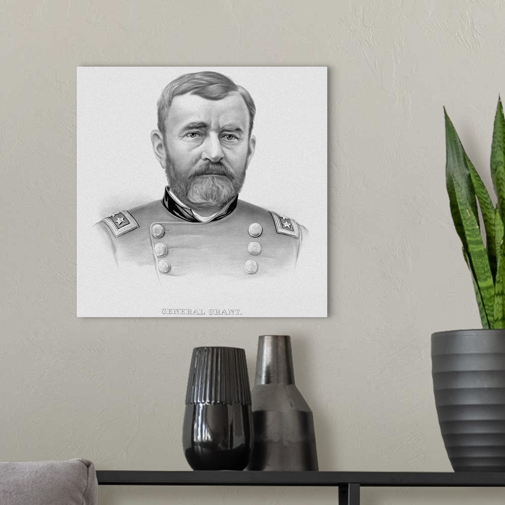 A modern room featuring Vintage Civil War Print of General Ulysses S. Grant, wearing his military uniform.