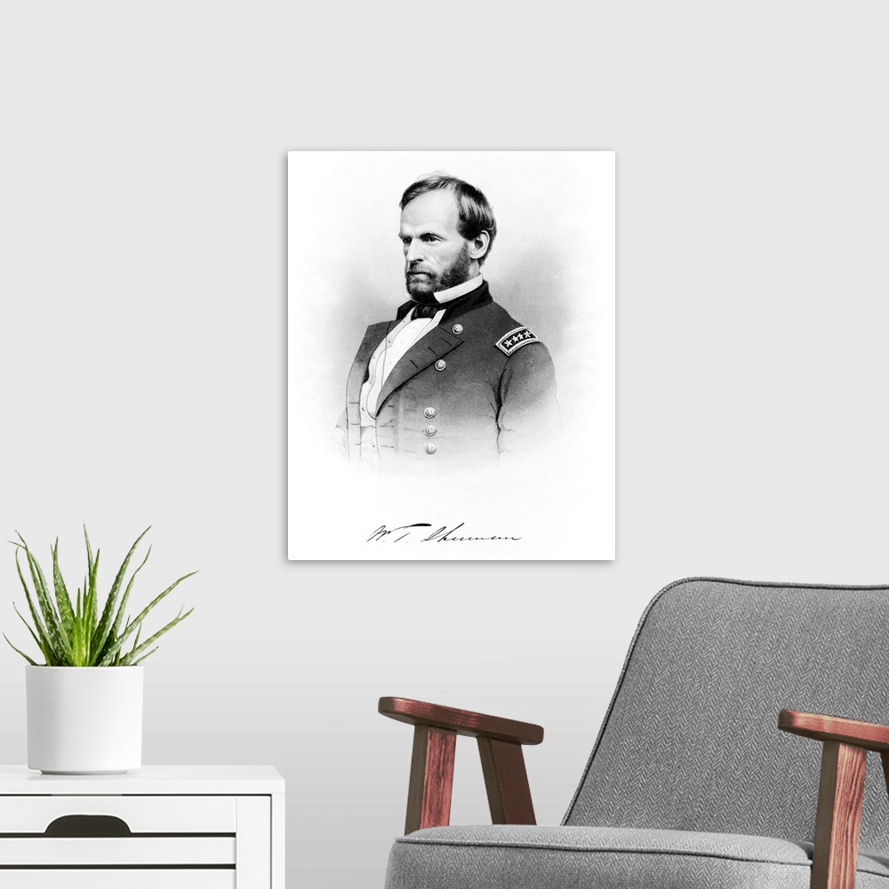 A modern room featuring Vintage Civil War print of General William Tecumseh Sherman and his signature.