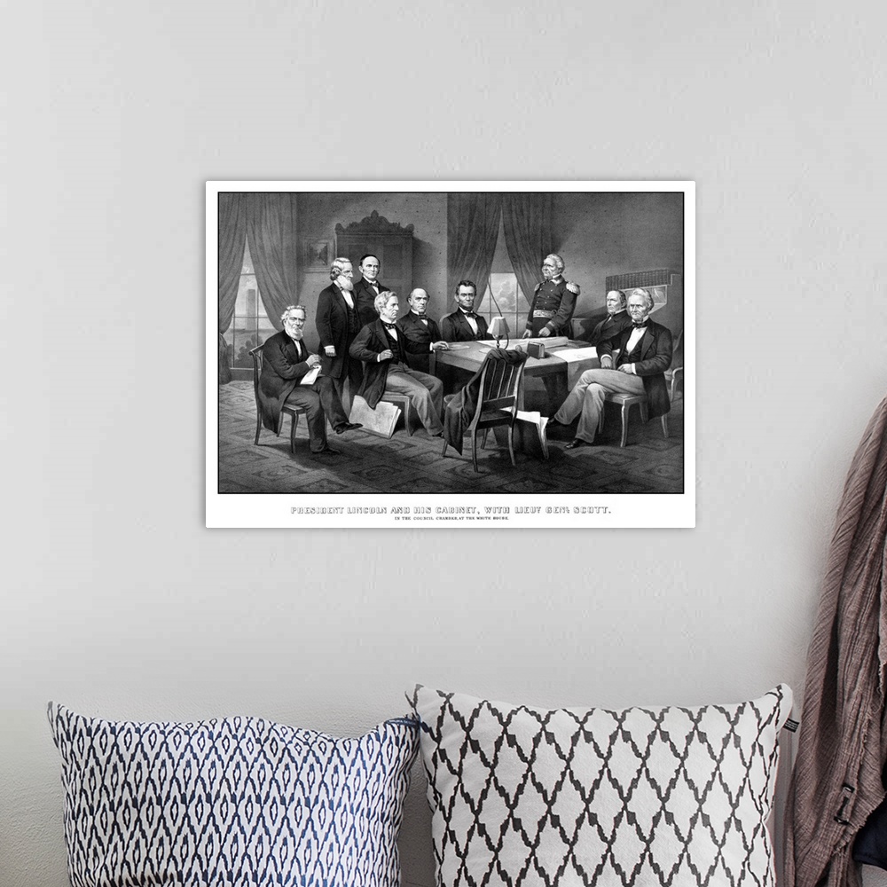 A bohemian room featuring Vintage Civil War print of President Abraham Lincoln, his cabinet, and General Winfield Scott. It...