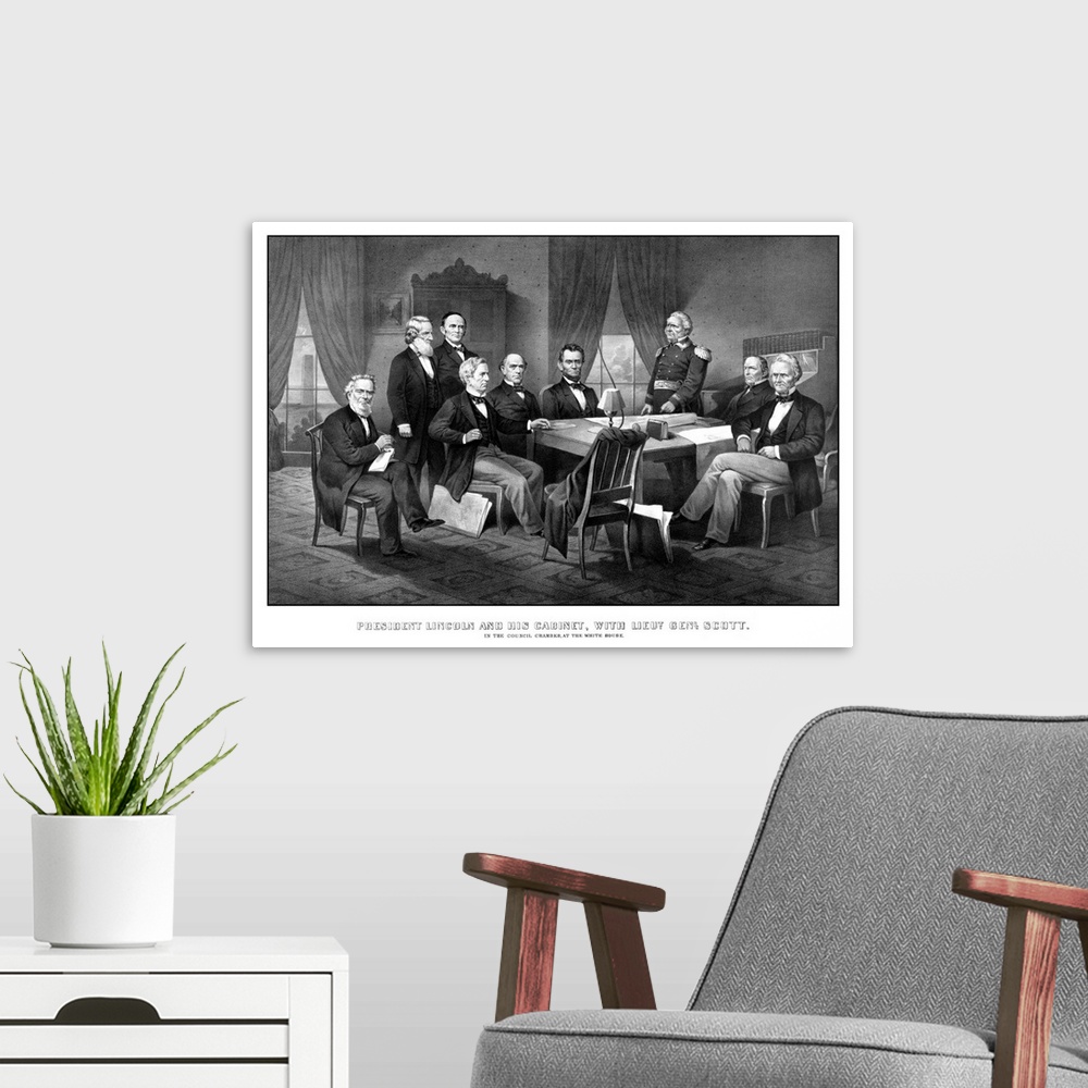 A modern room featuring Vintage Civil War print of President Abraham Lincoln, his cabinet, and General Winfield Scott. It...
