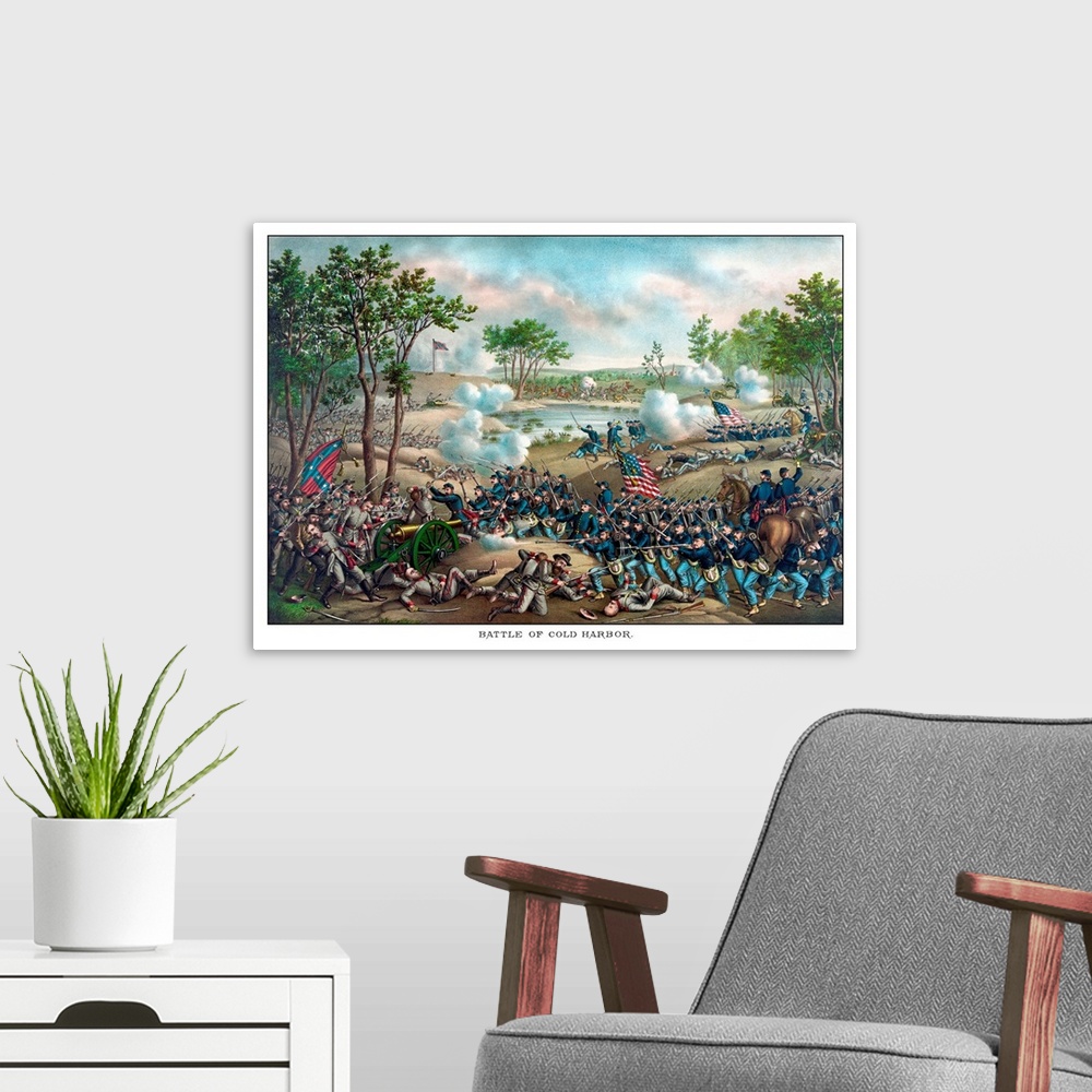 A modern room featuring Vintage Civil War print of the Battle of Cold Harbor. Cold Harbor took place June 1864, between t...