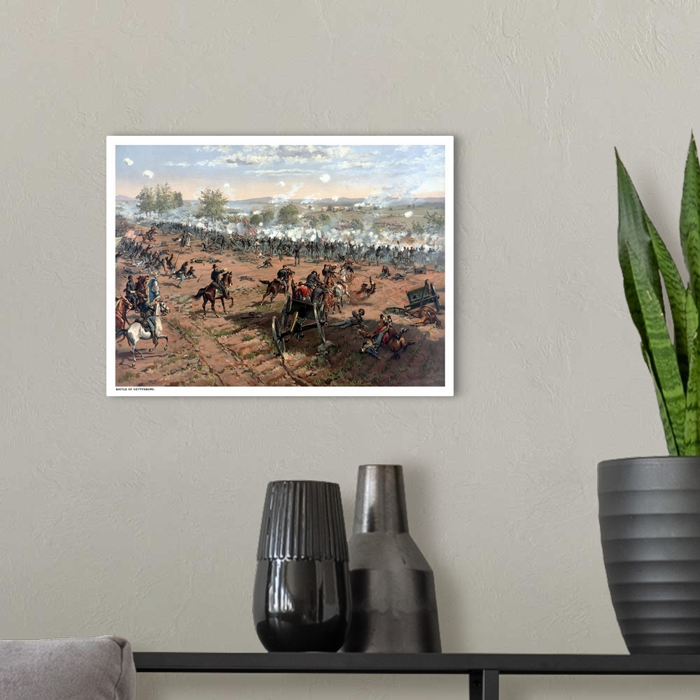 A modern room featuring Vintage Civil War print of the Battle of Gettysburg. The famous battle took place in early July 1...