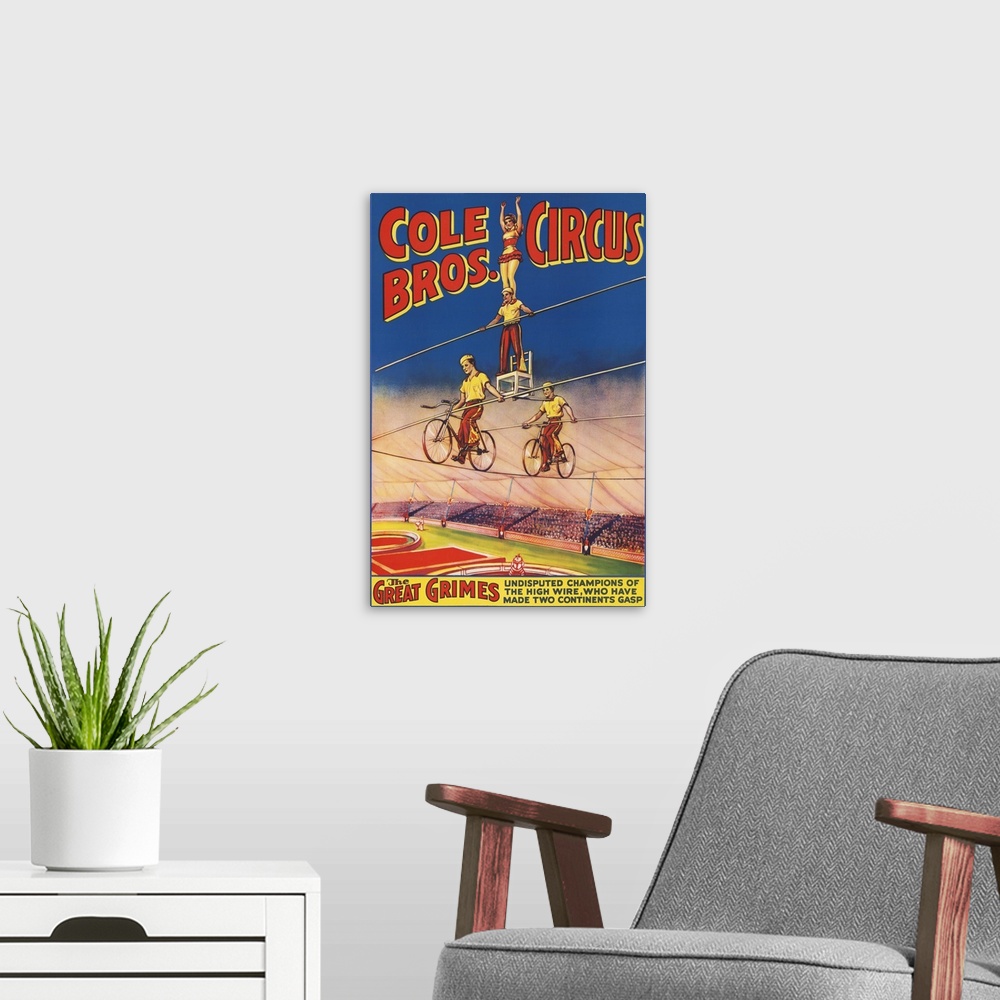 A modern room featuring Vintage Cole Brothers Circus Poster Of High Wire Acrobats, 1890
