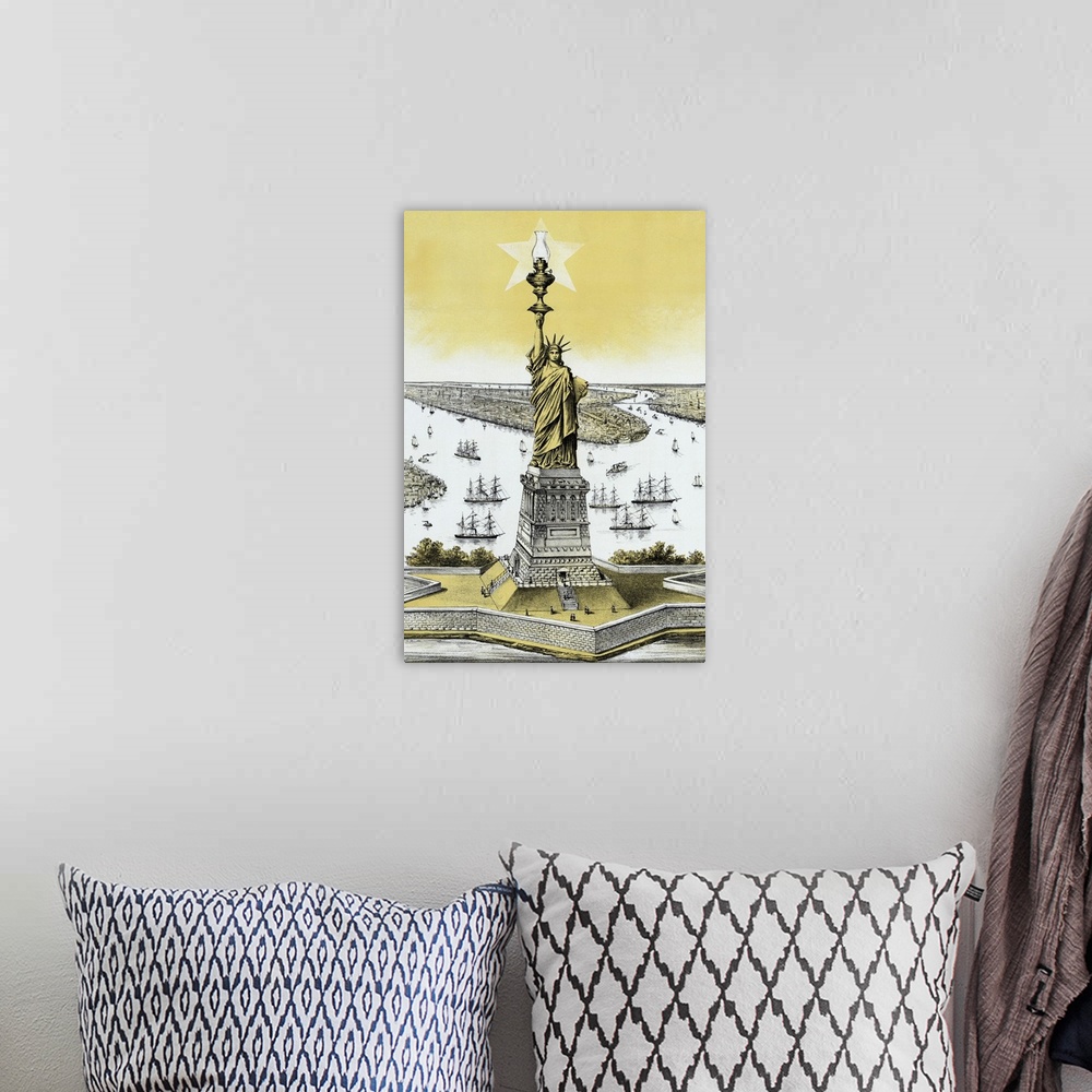 A bohemian room featuring Vintage color architecture print featuring The Statue of Liberty.