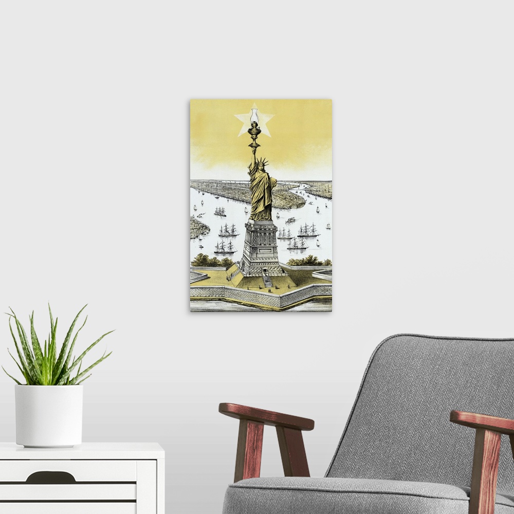 A modern room featuring Vintage color architecture print featuring The Statue of Liberty.