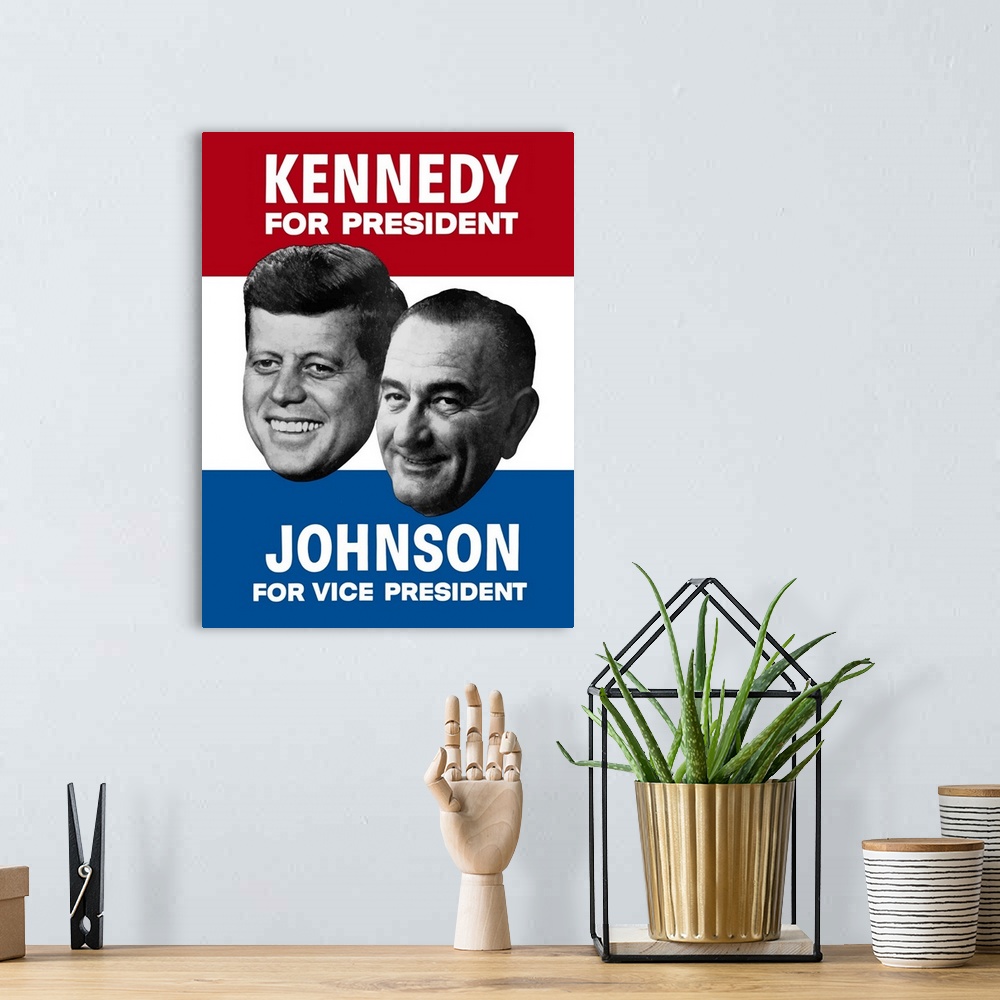 A bohemian room featuring Vintage campaign poster for Kennedy and Johnson, the 1960 Democratic Nominees.