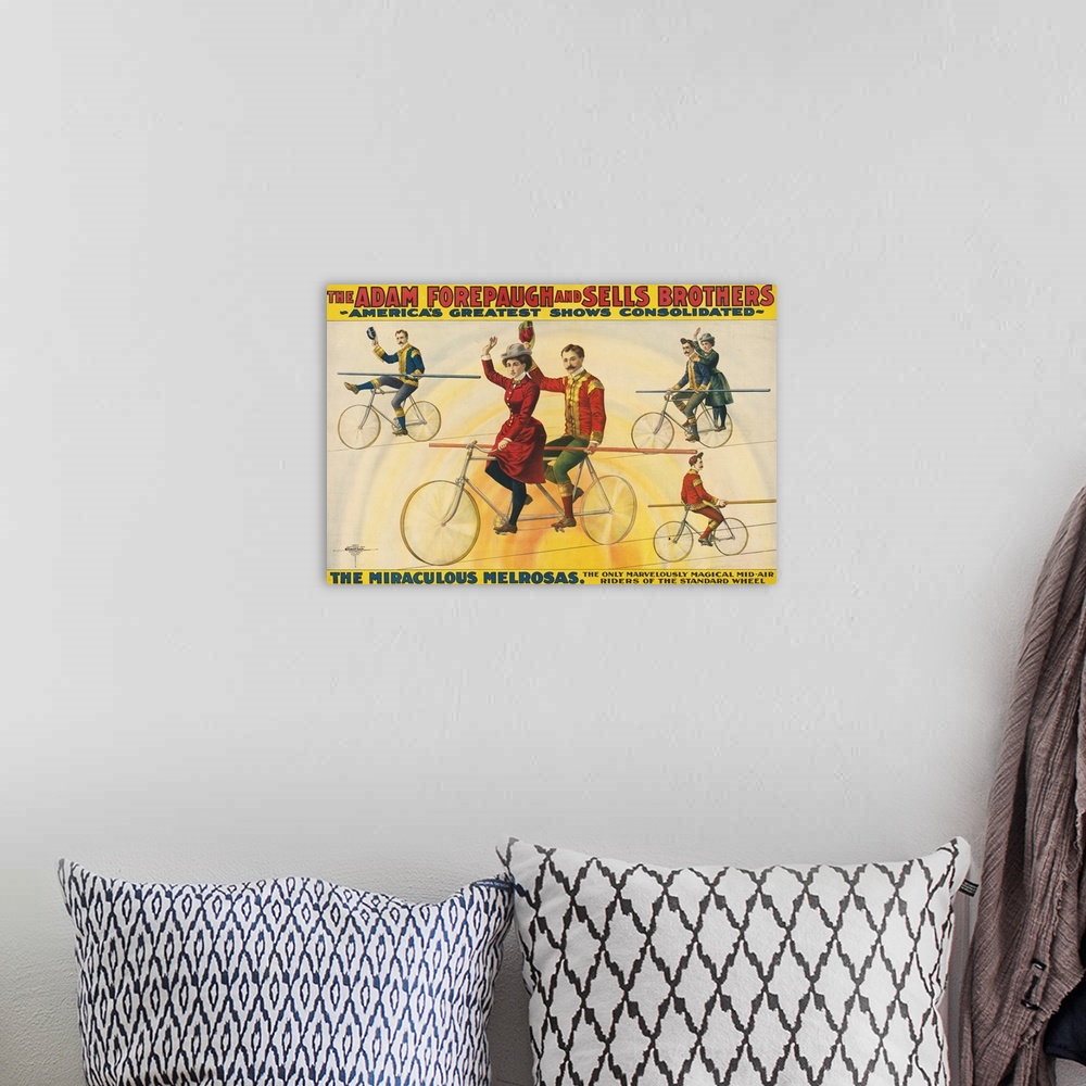 A bohemian room featuring Vintage Forepaugh & Sells Brothers Circus Poster Of Bicycle Riders On Tightrope, 1900
