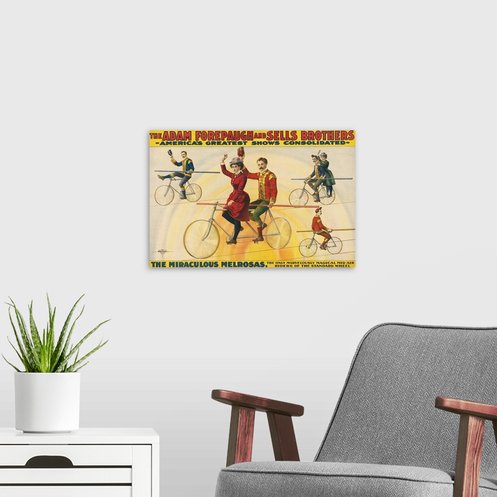 A modern room featuring Vintage Forepaugh & Sells Brothers Circus Poster Of Bicycle Riders On Tightrope, 1900