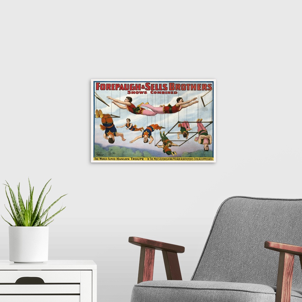 A modern room featuring Vintage Forepaugh & Sells Brothers Circus Poster Of Hanlon Troupe, 1899
