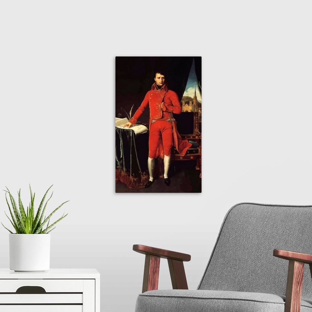 A modern room featuring Vintage French history painting of Napoleon Bonaparte as 1st consul.