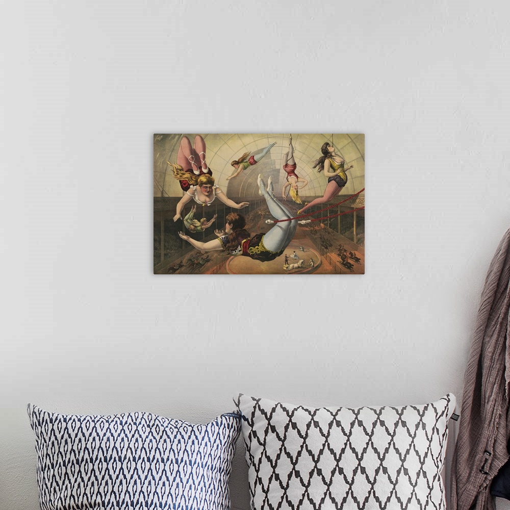 A bohemian room featuring Vintage Illustration Of Female Acrobats On Trapezes At Circus