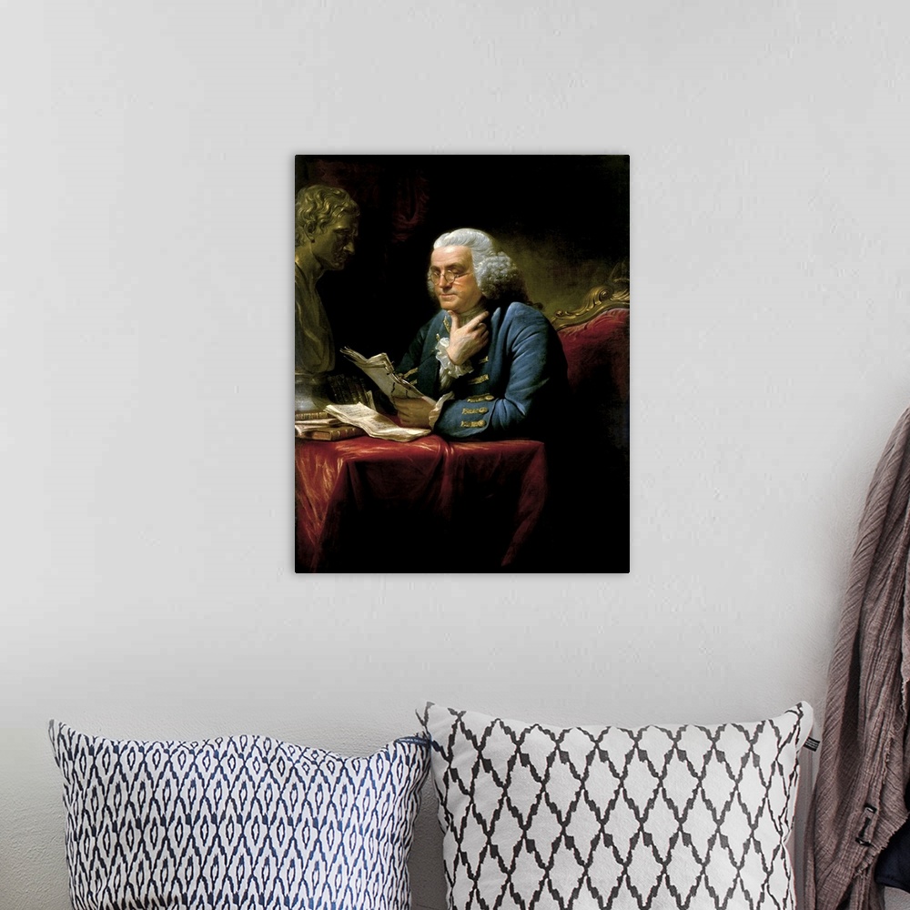 A bohemian room featuring Vintage painting of Benjamin Franklin, one of America's Founding Fathers. He could paint, print, ...