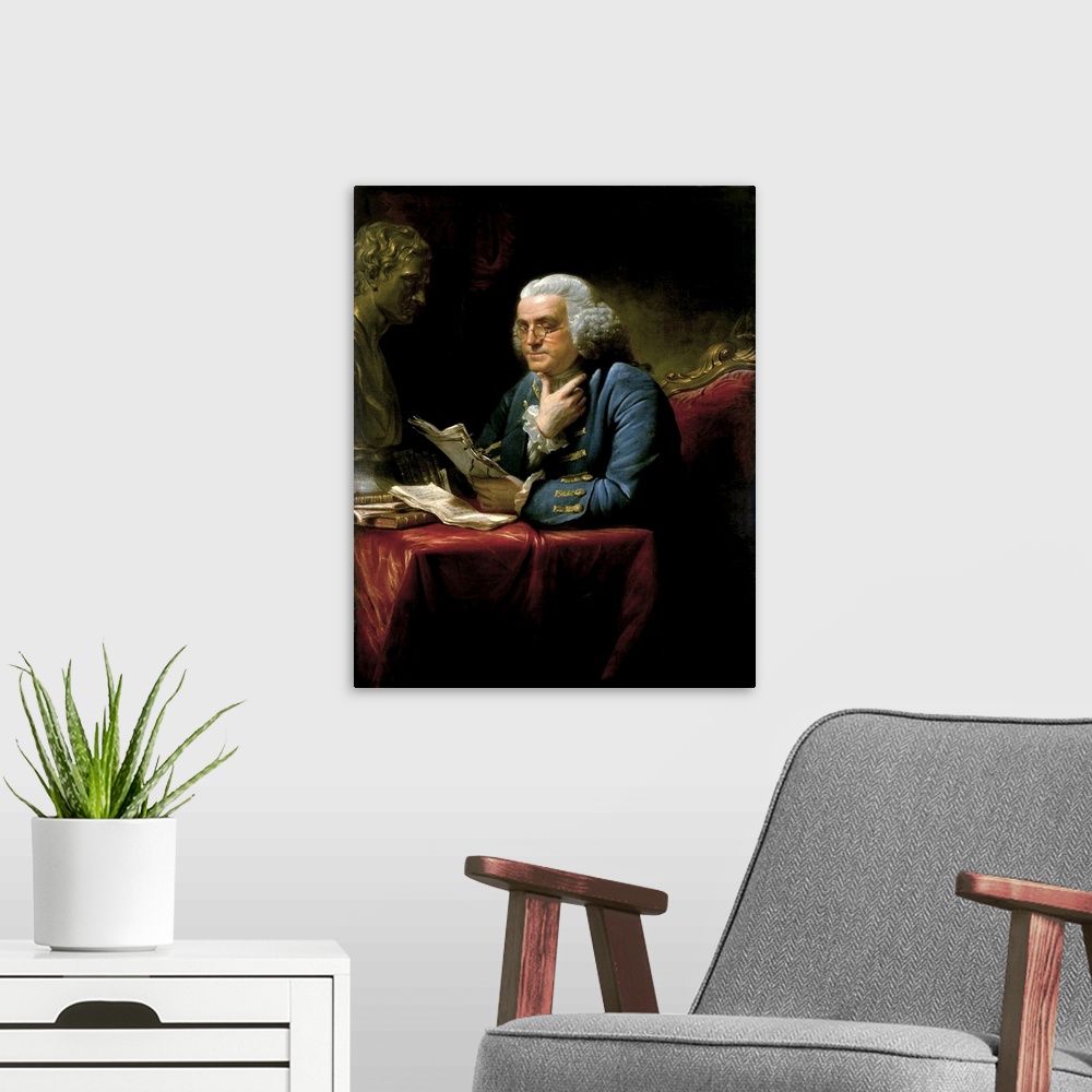 A modern room featuring Vintage painting of Benjamin Franklin, one of America's Founding Fathers. He could paint, print, ...