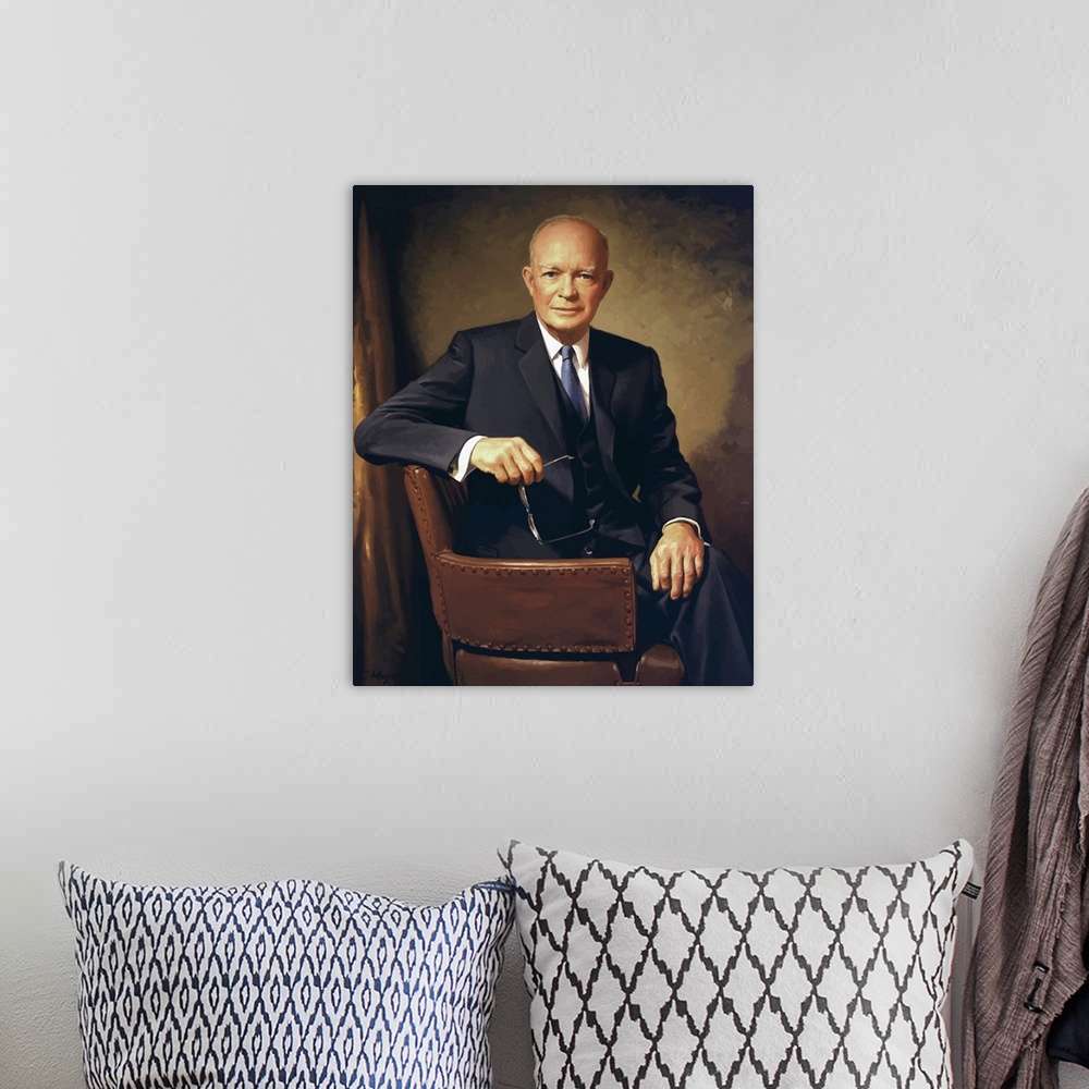 A bohemian room featuring Vintage painting of President Dwight D. Eisenhower seated in a chair.