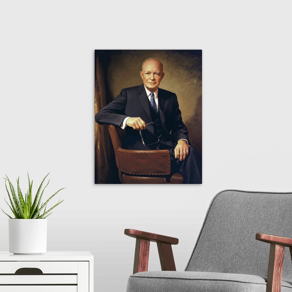 A modern room featuring Vintage painting of President Dwight D. Eisenhower seated in a chair.