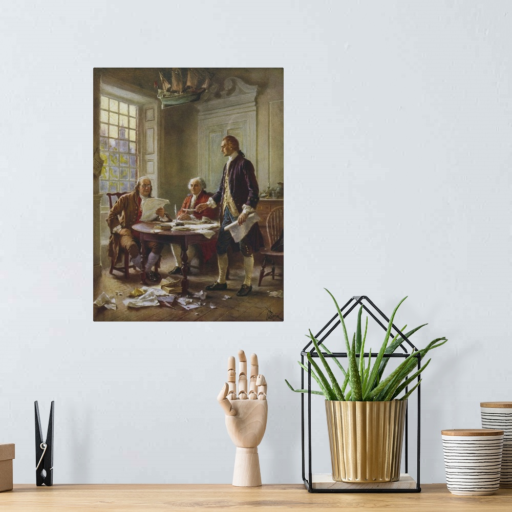 A bohemian room featuring Vintage painting of Benjamin Franklin, John Adams, and Thomas Jefferson writing the Declaration o...