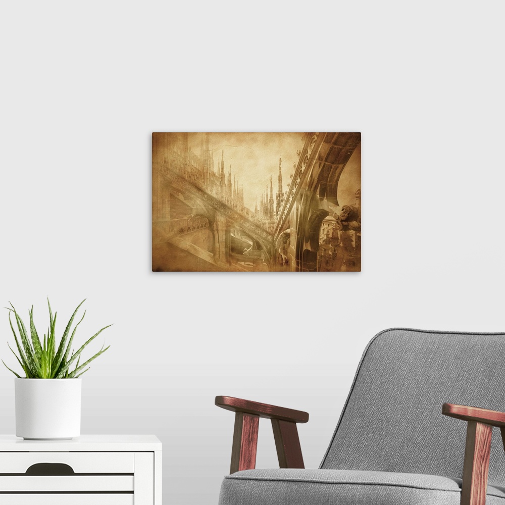 A modern room featuring VIntage photo of architectural elements on a church roof in Milan, Italy.