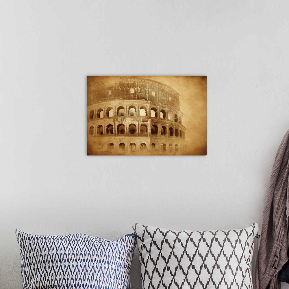 A bohemian room featuring Vintage photo of Coliseum in Rome, Italy.